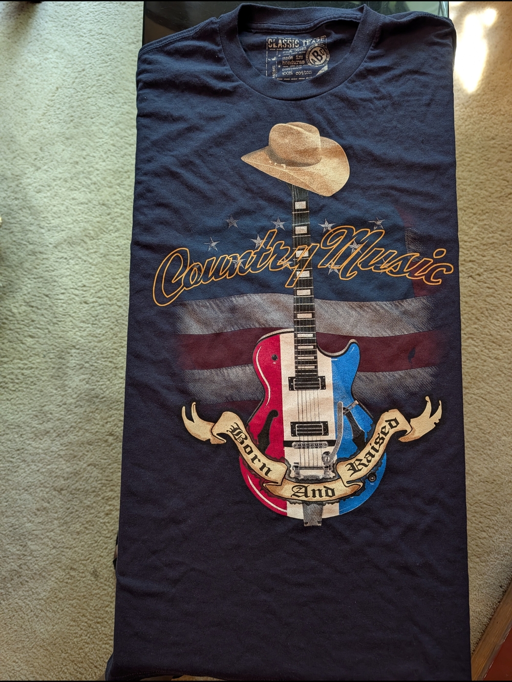 Classic Navy Country Music Graphic Tee with Red, Blue, Tan